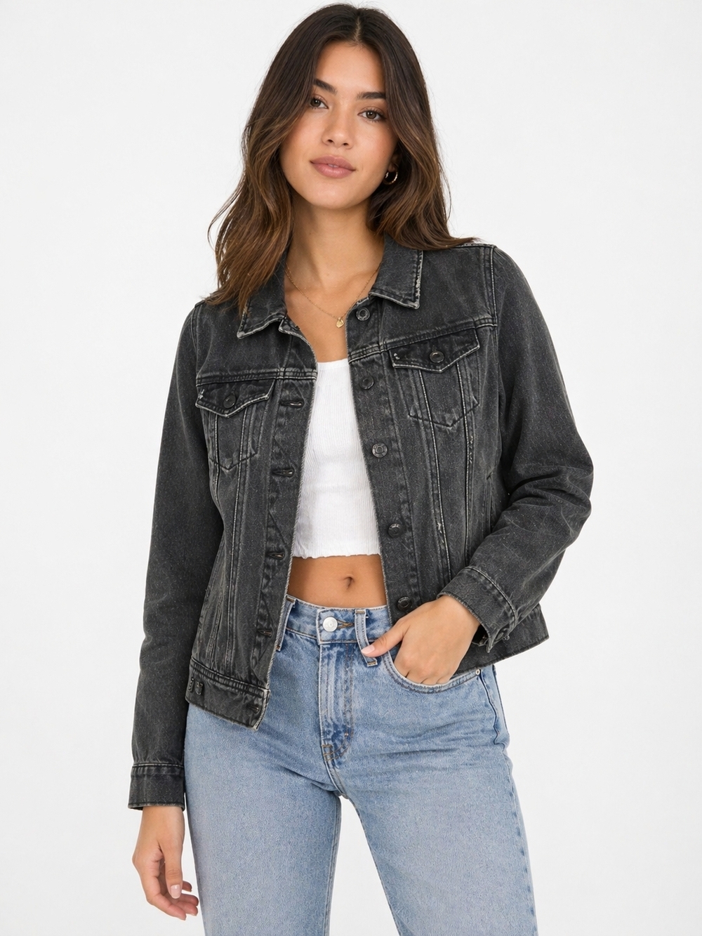 Old Navy Black Denim Jacket Women’s XS Cropped Trucker Jean Jacket Washed Gray